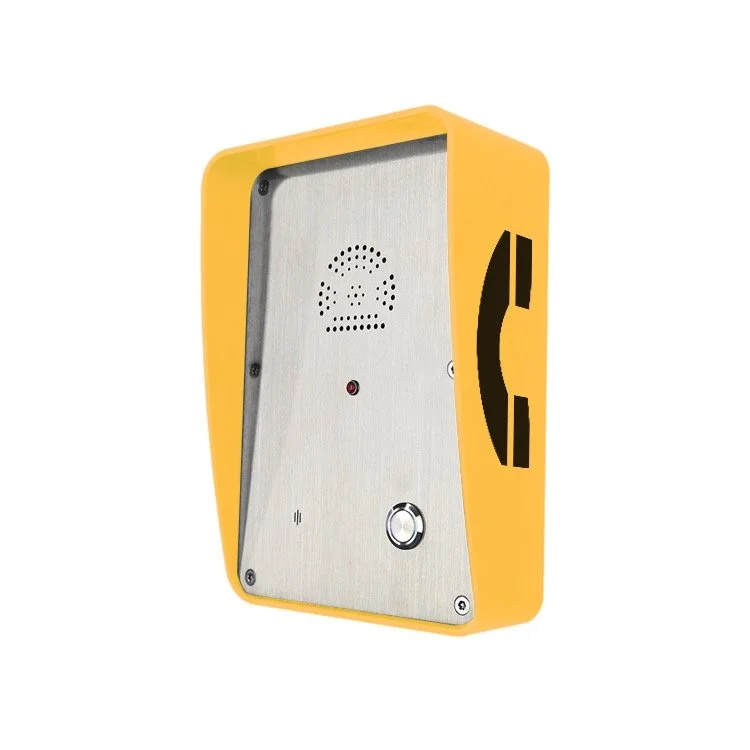 A yellow push to call intercom with a silver front panel and black telephone icon on the side. ideal for taxis