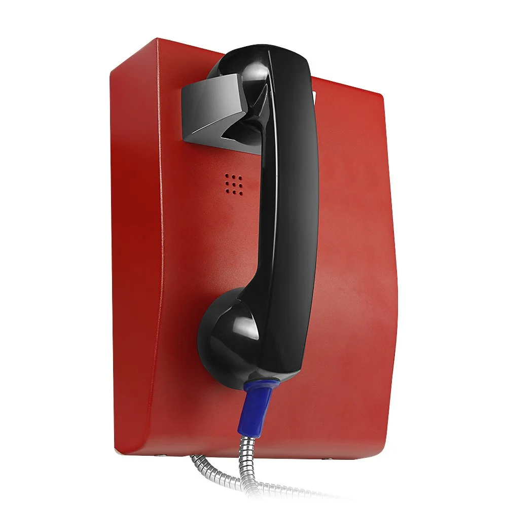 Red vandal-proof emergency telephone with a black corded handset. Lift to call.