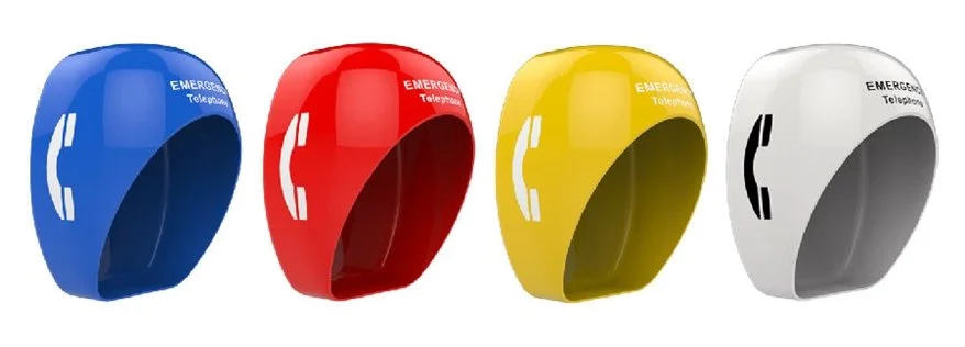 Noise cancelling phone booths in blue, red, yellow, and white with black for the white one, each with the text 'EMERGENCY Telephone' and a phone icon.weatherproof, Fire Resistant, Vandal proof