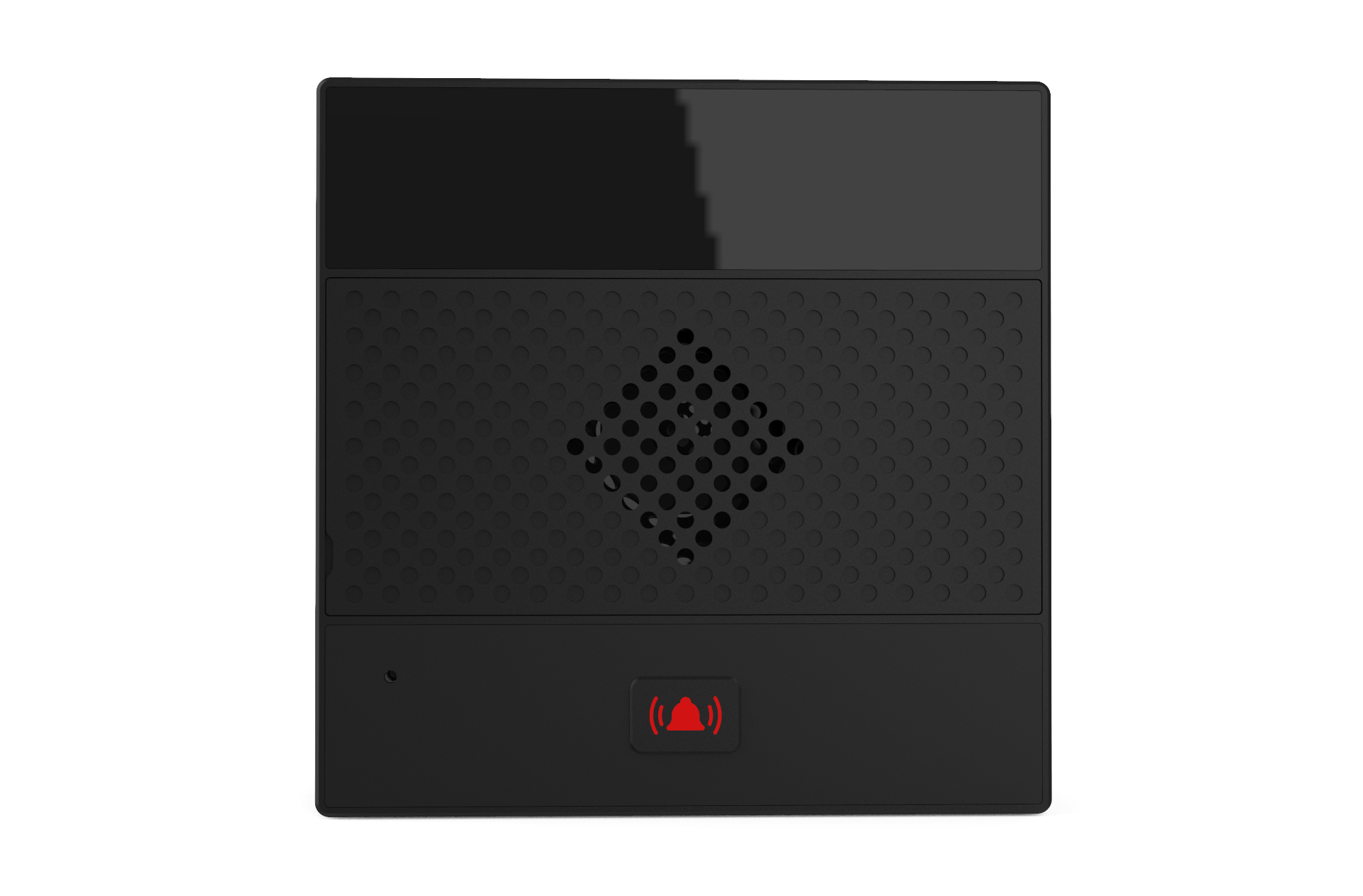 Black intercom with a red alarm button at the bottom center, featuring a bell icon and sound waves.