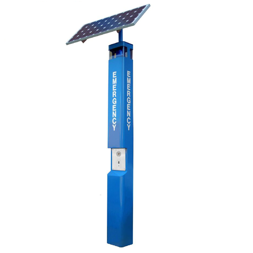 Blue emergency call station with a solar panel on top.