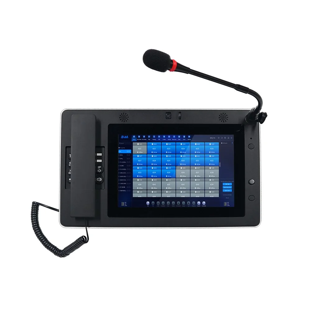 Dispatching console, touchscreen display, microphone, and telephone handset.