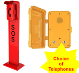 A red SOS emergency telephone pole and a yellow case containing a choice of telephones, 'Choice of Telephones'.