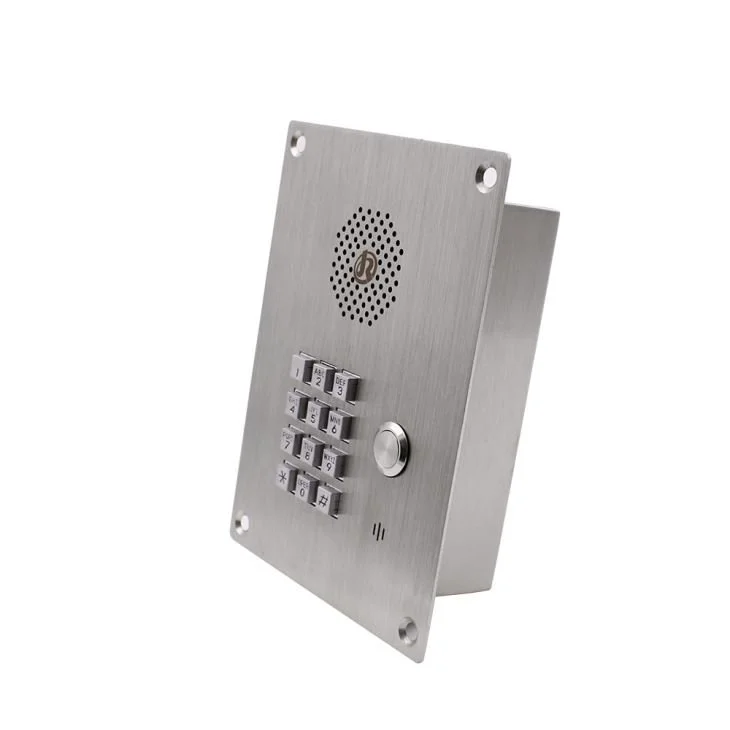 Stainess steel door intercom with numeric keypad and speaker. Vandal resistant, flush mounted. Stadiums