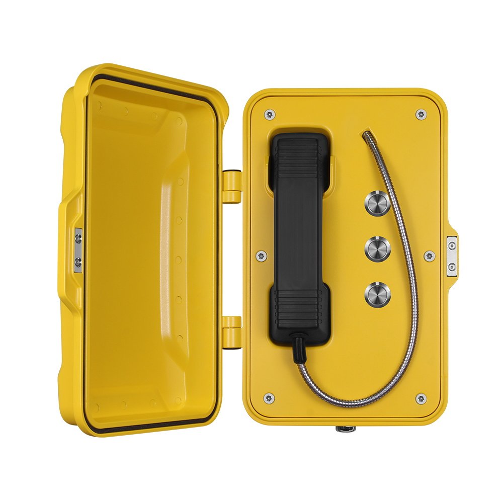 Yellow weatherproof emergency telephone with a black handset and a coiled metal cord inside a yellow case, with 3 push to call buttons