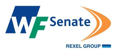 Logo of WF Senate by Rexel Group with blue, green, and orange elements.