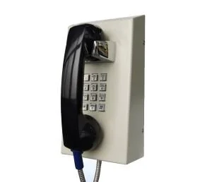 A wall-mounted robust, stainless steel telephone with a black handset with full keypad ideal for prisons, hospitals