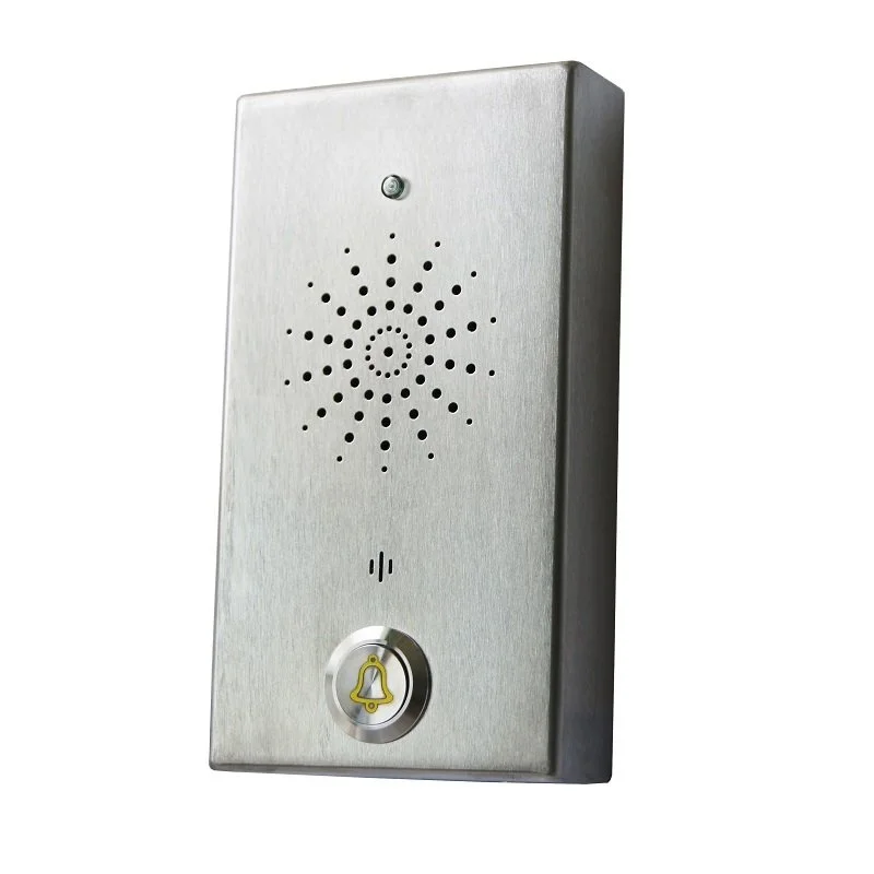 Metal intercom with speaker grille, camera at the top, and a yellow alert button at the bottom.