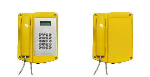 Yellow Atex approved phones with handset and keypad, shown from front.Full keypad, lift to call