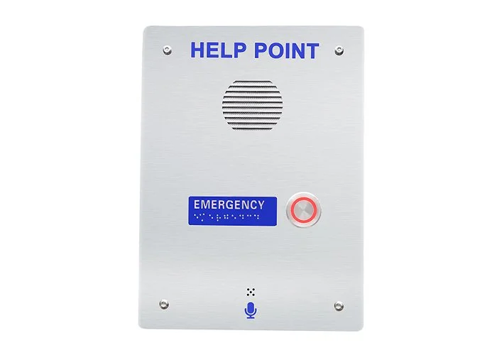Silver weatherproof help point emergency intercom with a speaker, call button