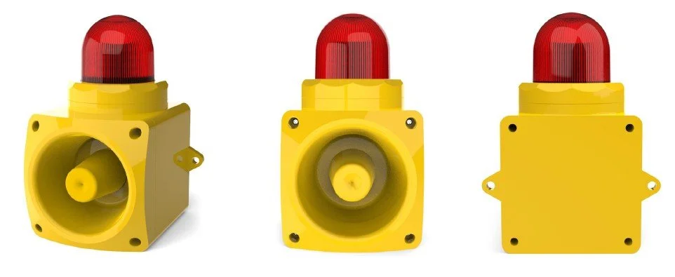 Three yellow industrial warning lights with red lenses, shown from different angles.