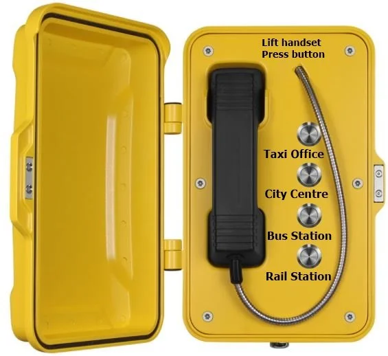A yellow emergency phone with a handset, instruction to lift and press, and four buttons labeled Taxi Office, City Centre, Bus Station, and Rail Station, connected by a silver coiled cord.