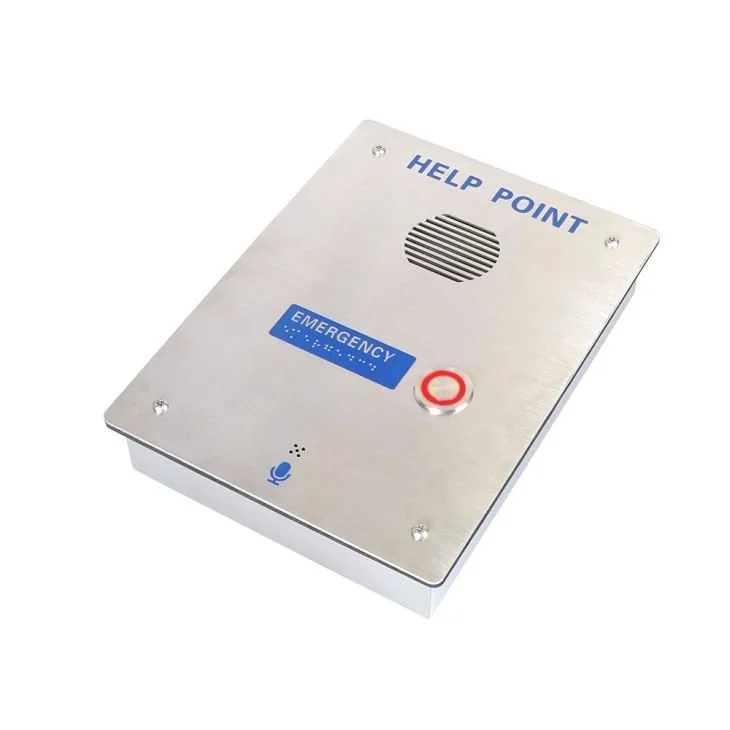 Stainless steel emergency help point  with a speaker grille, a blue emergency label, a red button, and a blue telephone icon. Ideal for door entry in hospitals or prisons