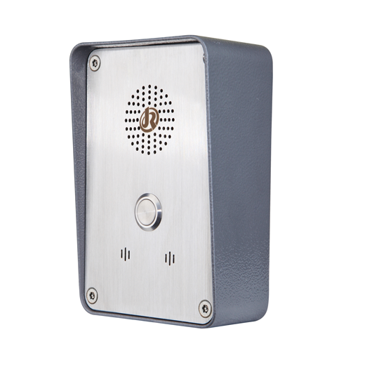A modern robust intercom with a metallic front panel, a circular call button, and a small speaker grille.