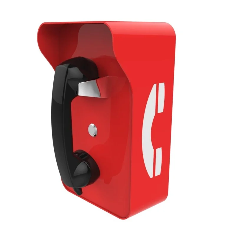 Red, heavy duty, weatherproof telephone with a black handset , 1 push to call button