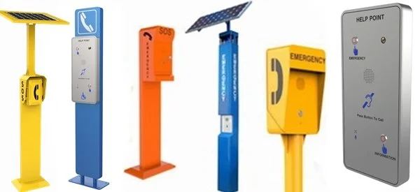 Collection of emergency communication devices including a yellow emergency call station, blue mobile phone, orange SOS unit, blue satellite communication box, yellow emergency phone booth, and gray help point with a phone button and speaker.