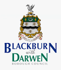 Blackburn with Darwen Borough Council logo featuring a crest with a knight's helmet, a crown, and decorative elements, and the text 'BLACKBURN with DARWEN BOROUGH COUNCIL'.