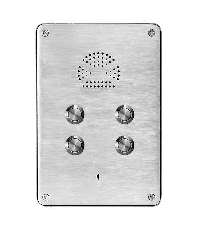 Stainless steel vandal proof intercom with four push to call buttons and a speaker grille, wall mounted