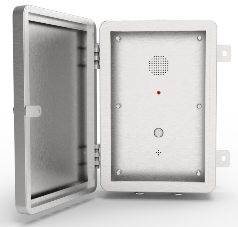 Metal outdoor box with an open door, containing an intercom with a red indicator light, and buttons, used for communication or alarm systems.