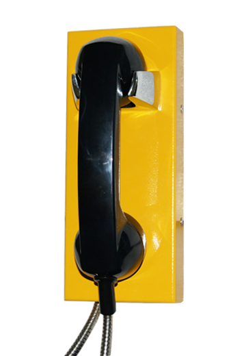 Black corded lift to call telephone mounted on a  wall or panel.