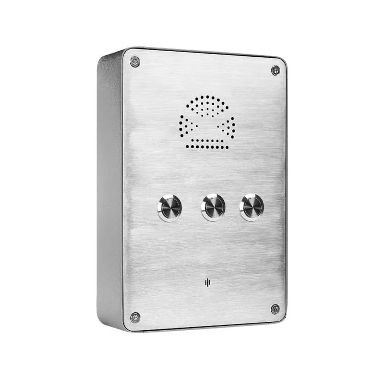 A stainless steel, robust intercom with three call buttons and speaker.