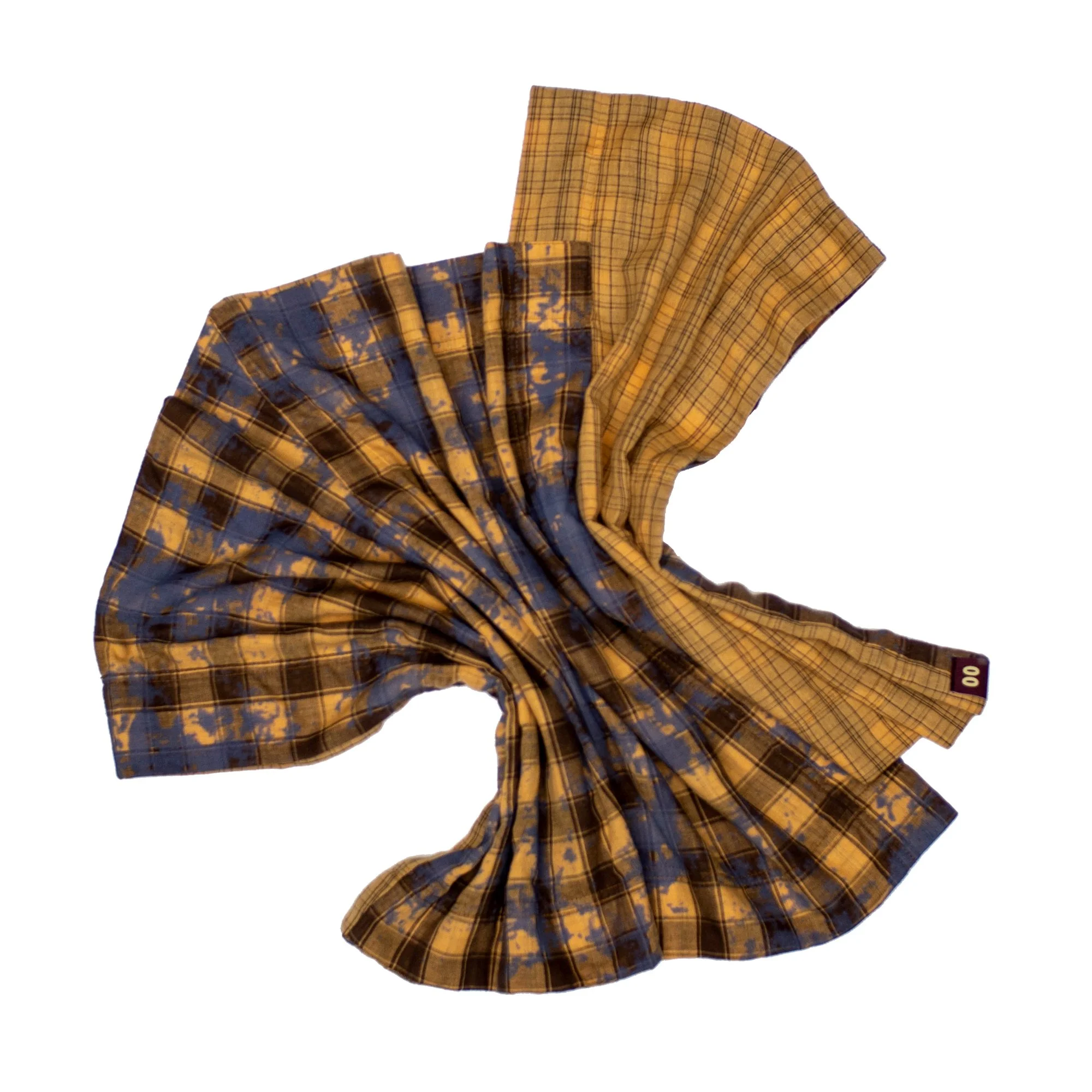 A plaid fabric with yellow and blue colors, arranged in a flowing pattern.