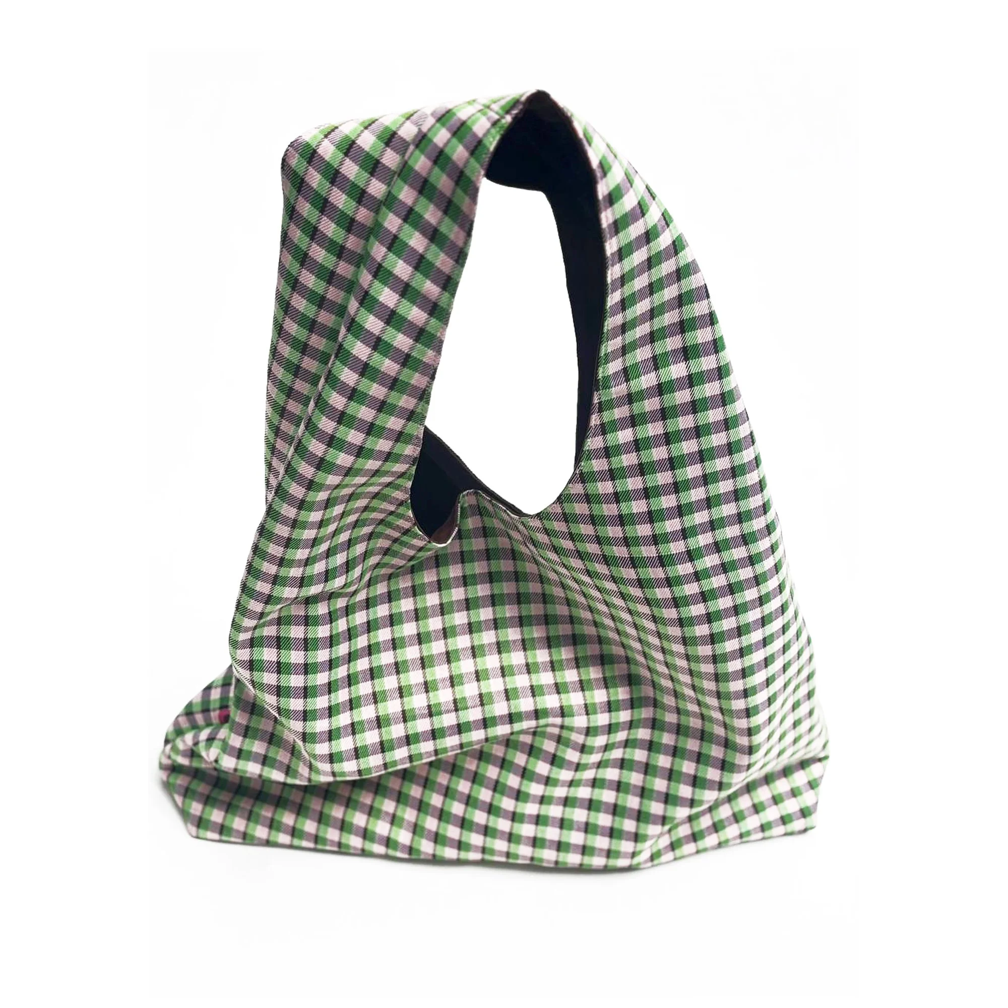 A chef's hat with a checkered pattern of green, pink, and black squares on a white background.