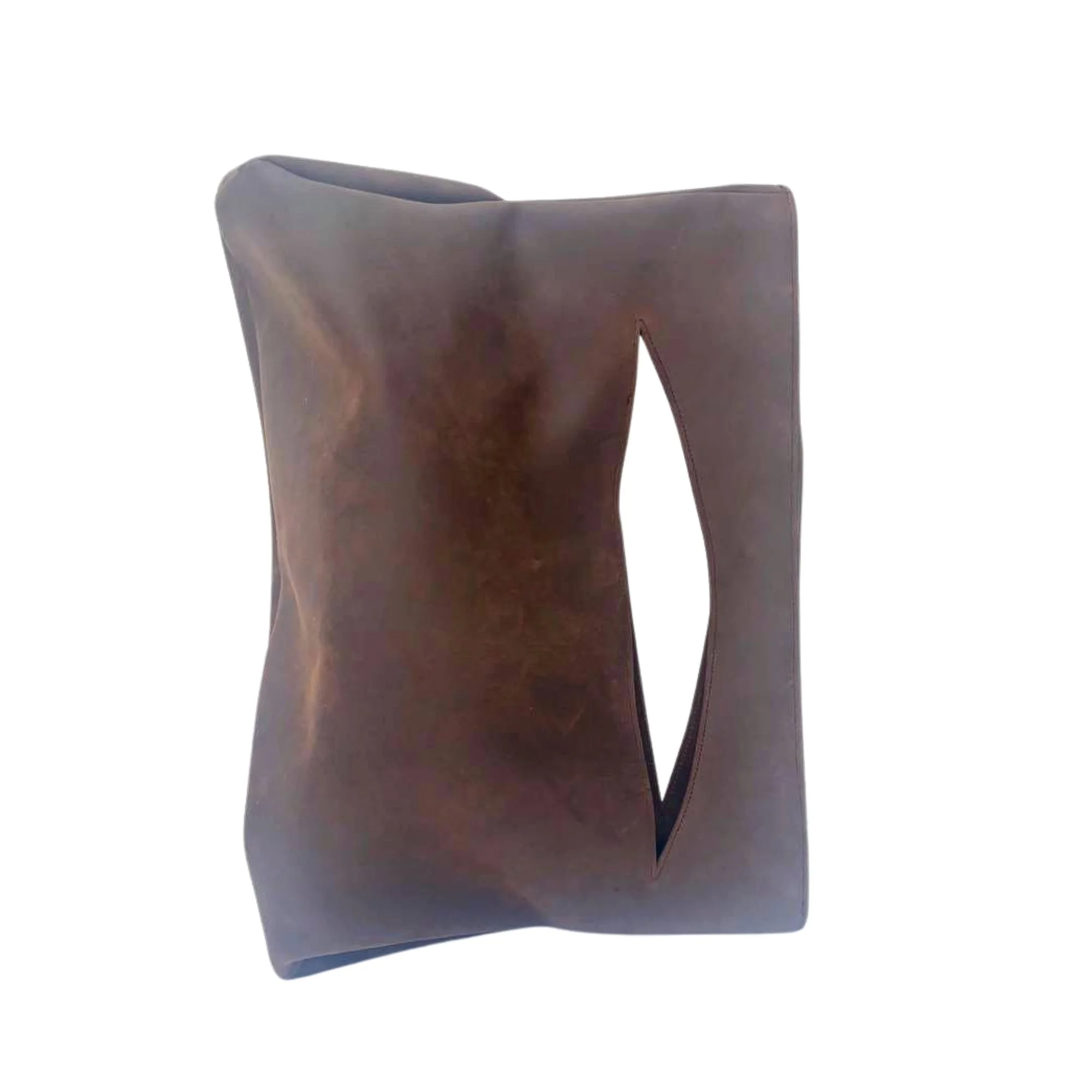 Close-up of a dark brown leather chair with a high backrest against a white background.