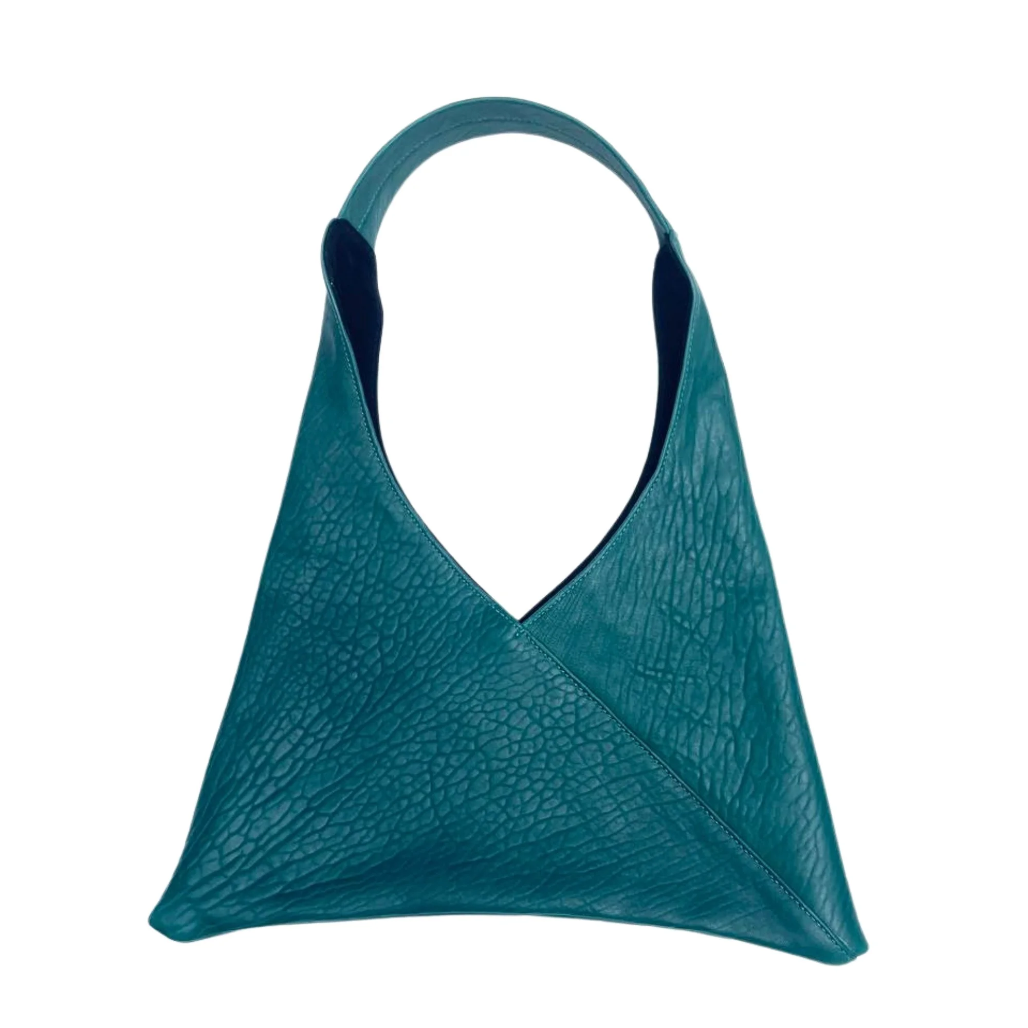 A teal handbag with textured leather featuring a triangular shape and top handles.