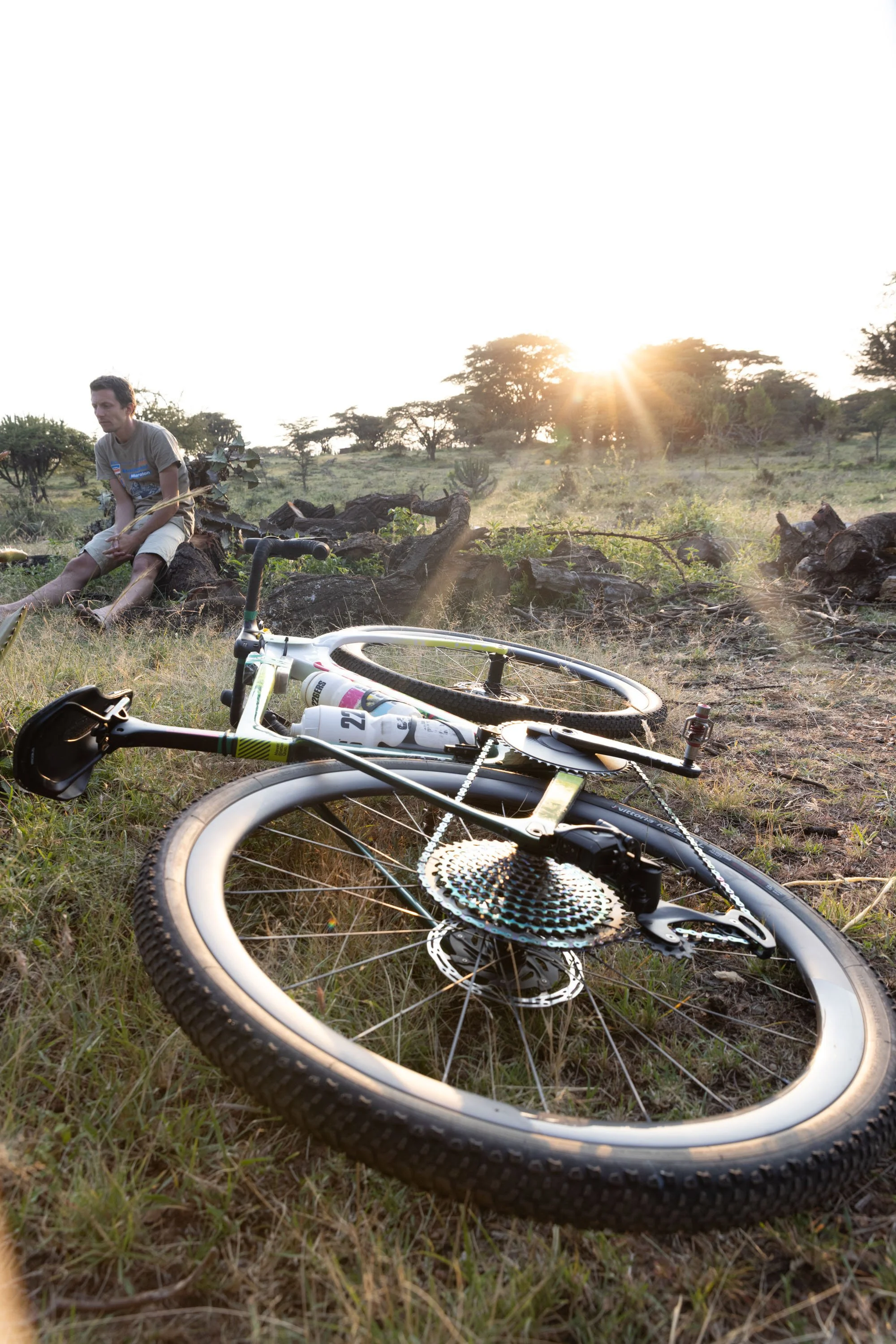 A fallen mountain bike lies on the ground in a grassy field with a man sitting in the background near tree stumps during sunset.