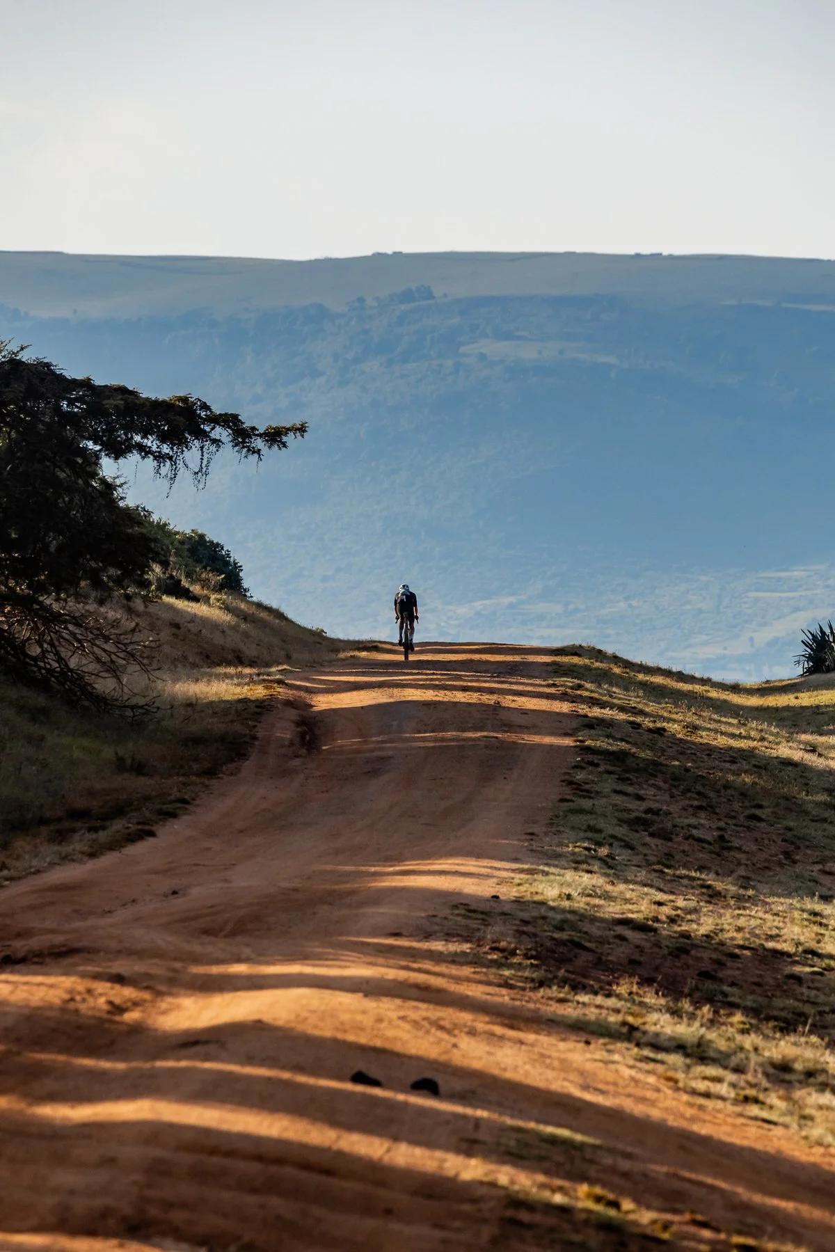 A person riding a bicycle on a dirt trail in a rural area with rolling hills and mountains in the background.