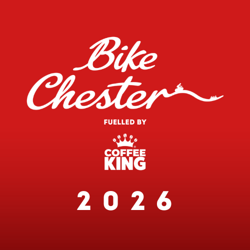 Red background with white text reading "Bike Chester 2026" and a small graphic of a bicycle on a trail.