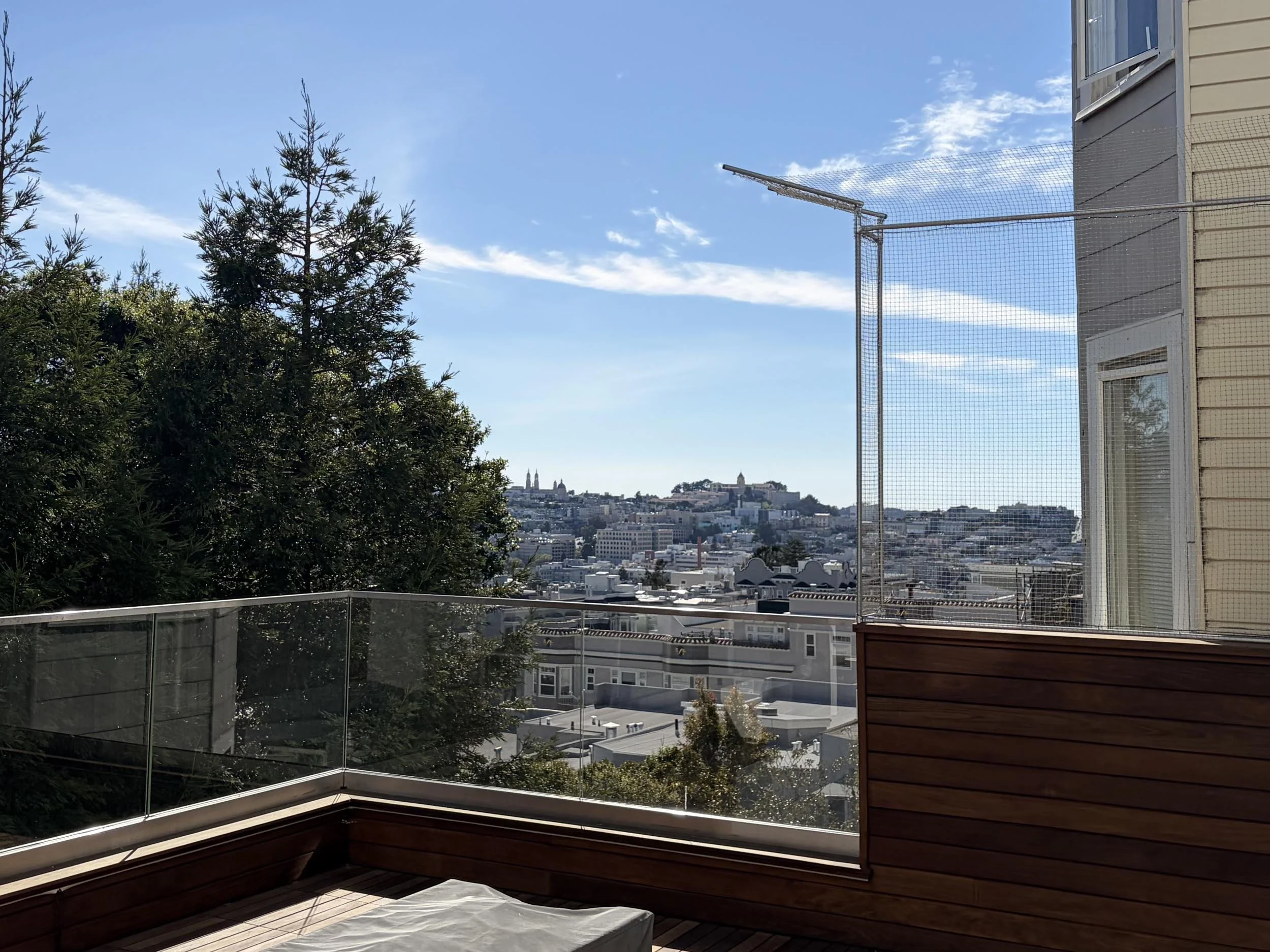Balcony view of San Francisco skyline with trees, residential buildings, and a blue sky with some clouds.
