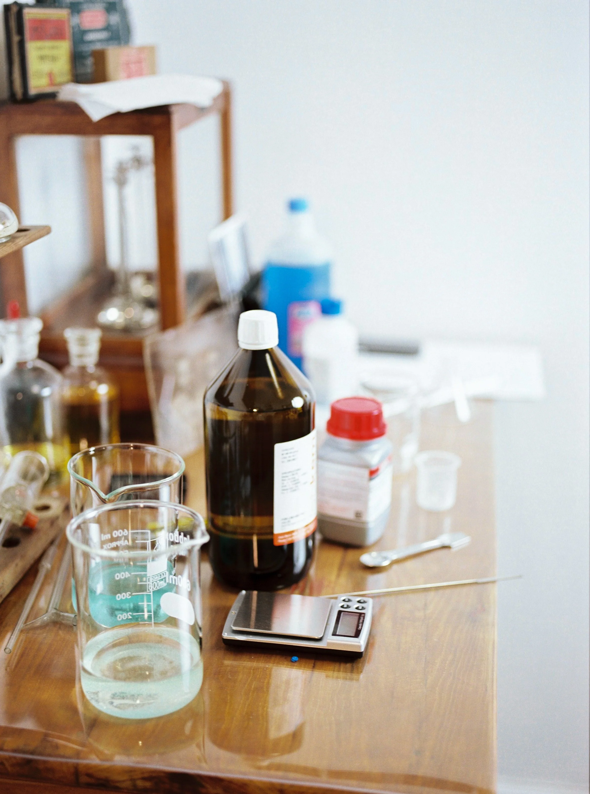 Wet plate collodion chemicals and solutions prepared for a workshop at Five Studio