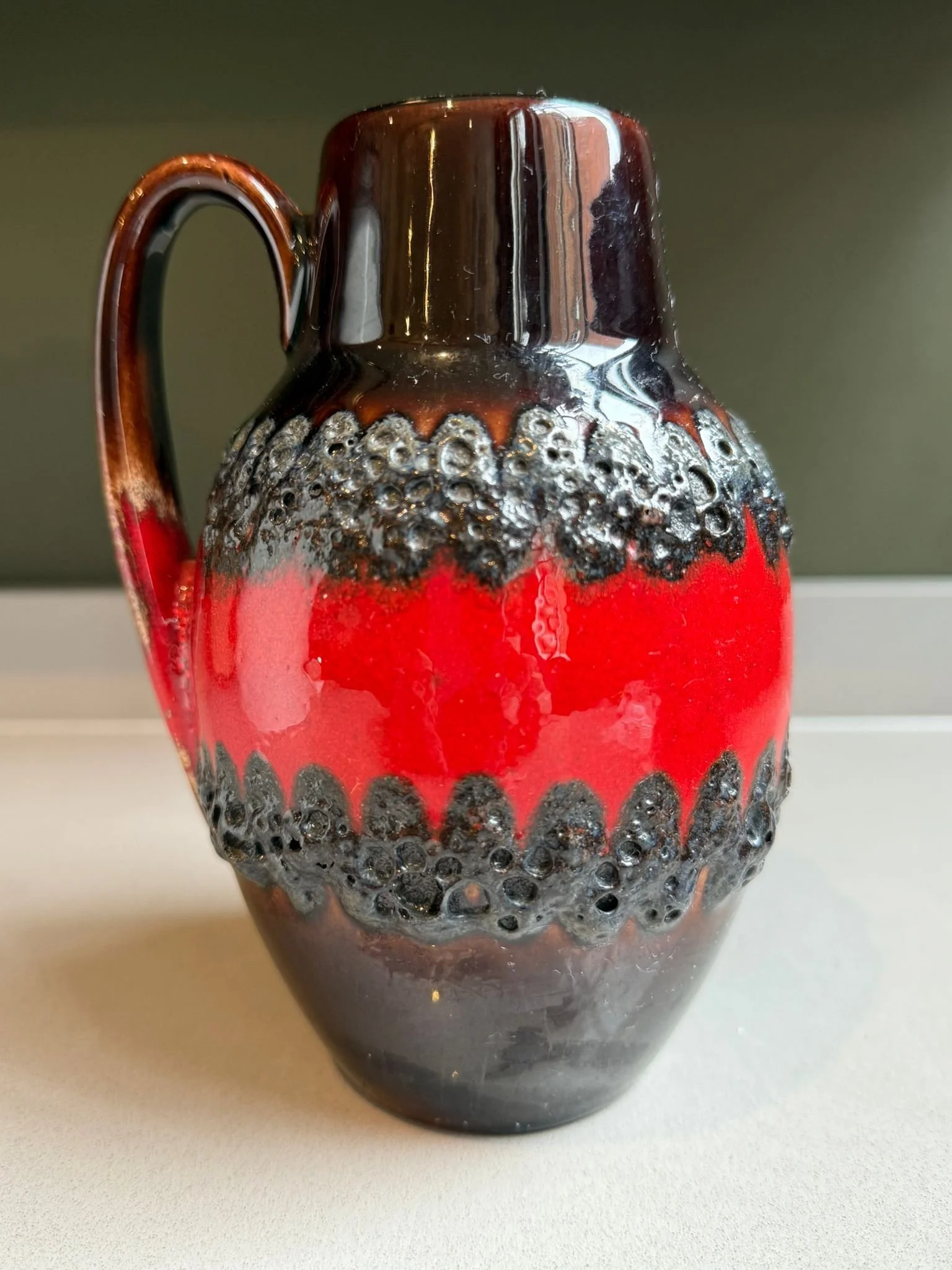 Scheurich 414-16 Fat Lava Vase — Red &amp; Black West German Pottery, Mid Century Modern, Retro 1960s Vintage Jug