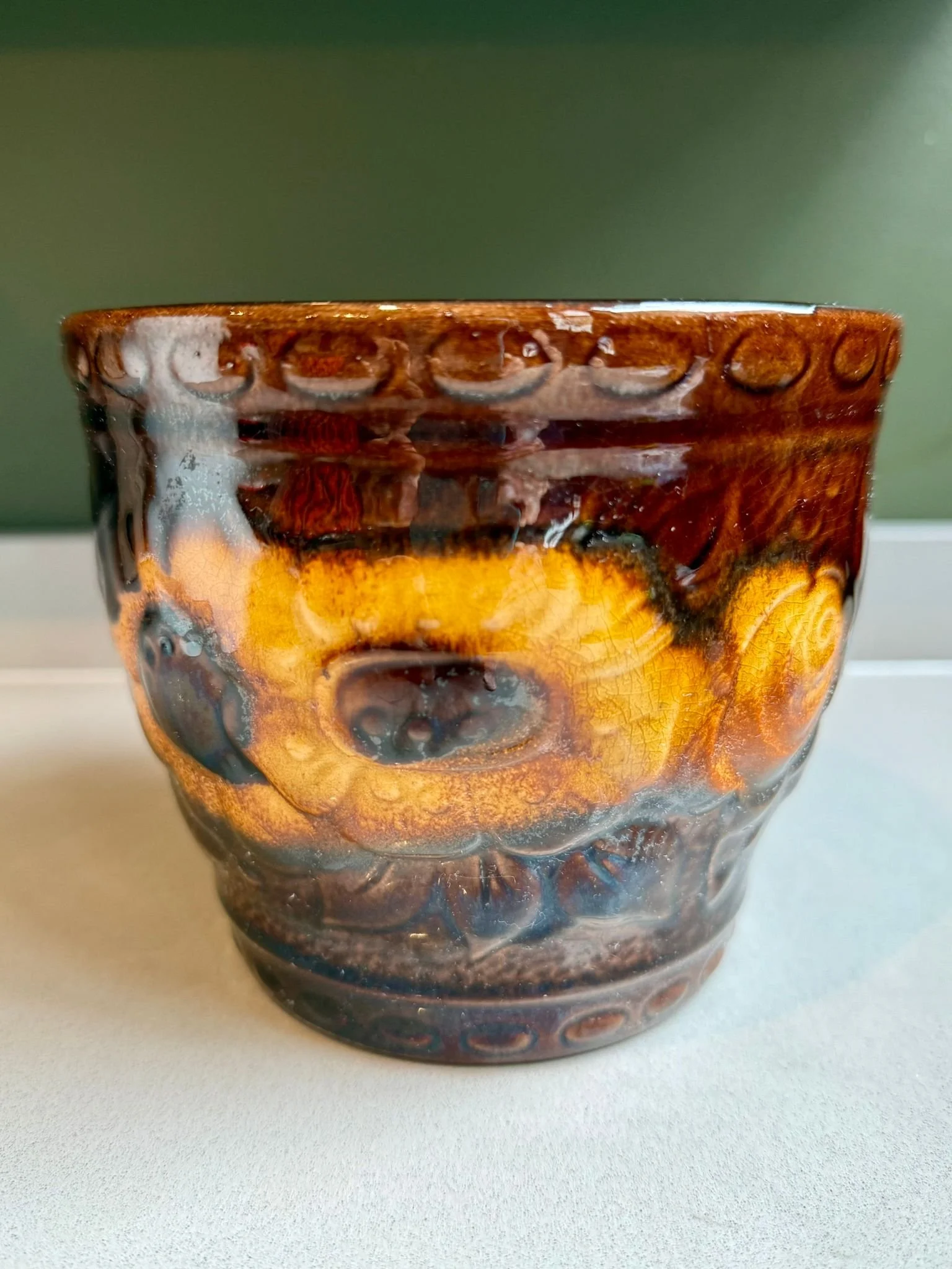 Scheurich Keramik 887-12 plant pot — Brown &amp; Cream West German Pottery, Mid Century Modern, sunflower design, Retro 1960s/1970s