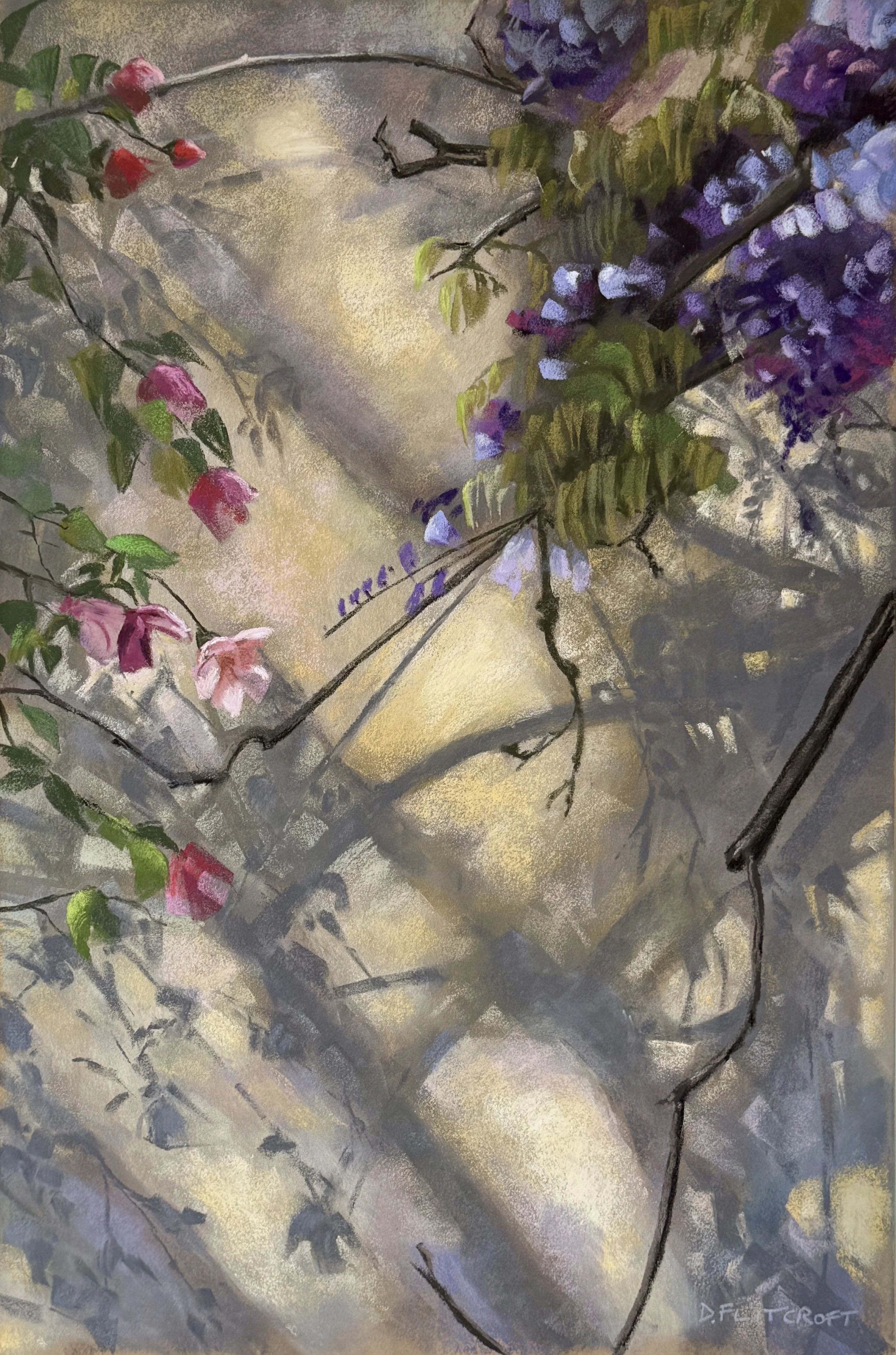 Ombres de glycines et de roses / Wisteria and rose shadows. Pastel sur Canson velvet. 60x40cm. SOLD / VENDU