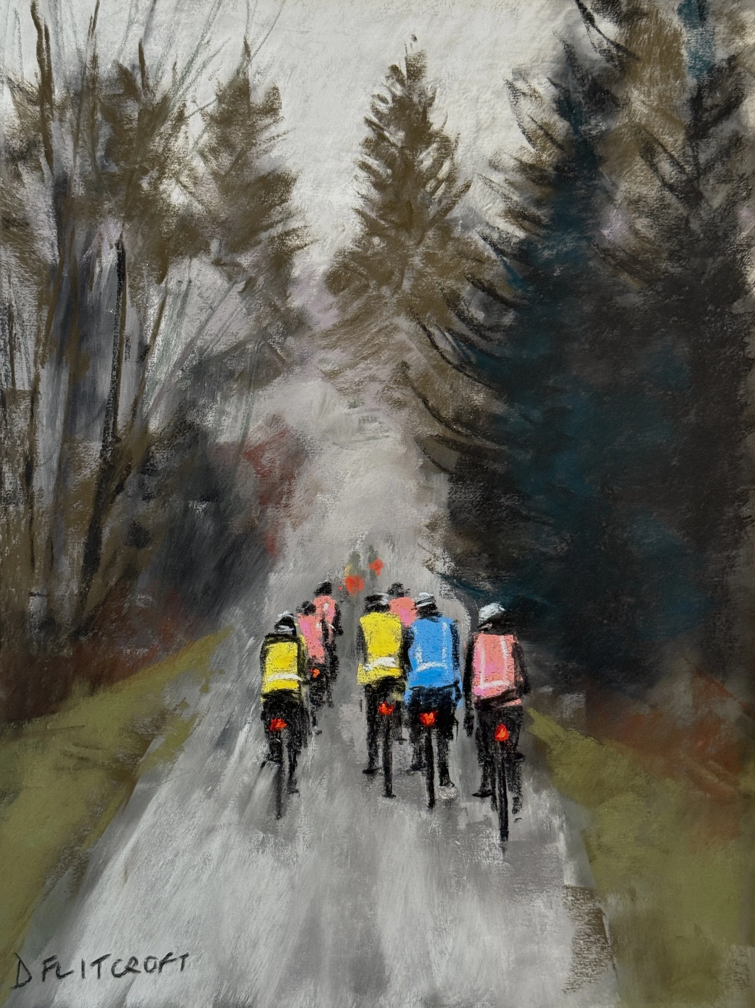 Cyclists add colour to a grey day. Pastel on UART pastel paper. 37x28cm. Original available £300 