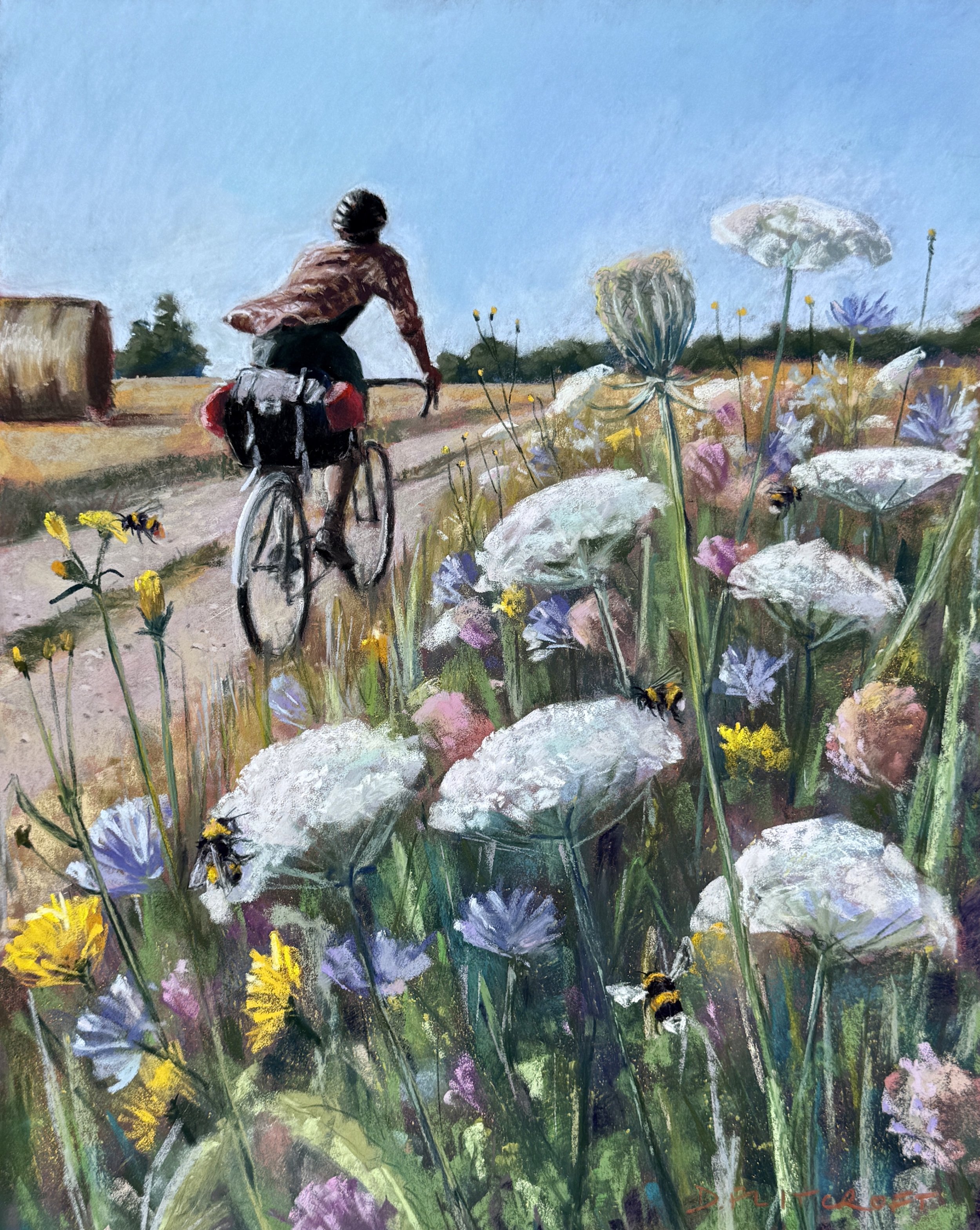 A Summer ride with wildflower verge. Soft pastel on Canson velvet. 47x37cm. Original available £500 (contact me to purchase).