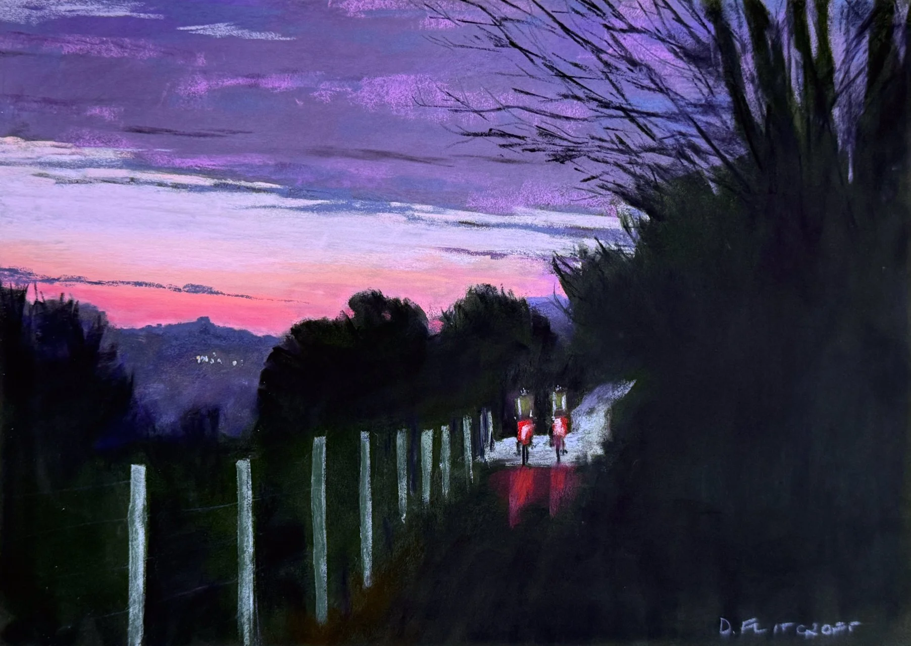 À vélo vers un ciel rose / cyclists and a pink sky 44x62cm. Pastel sur UART papier de pastel. Original disponible €700