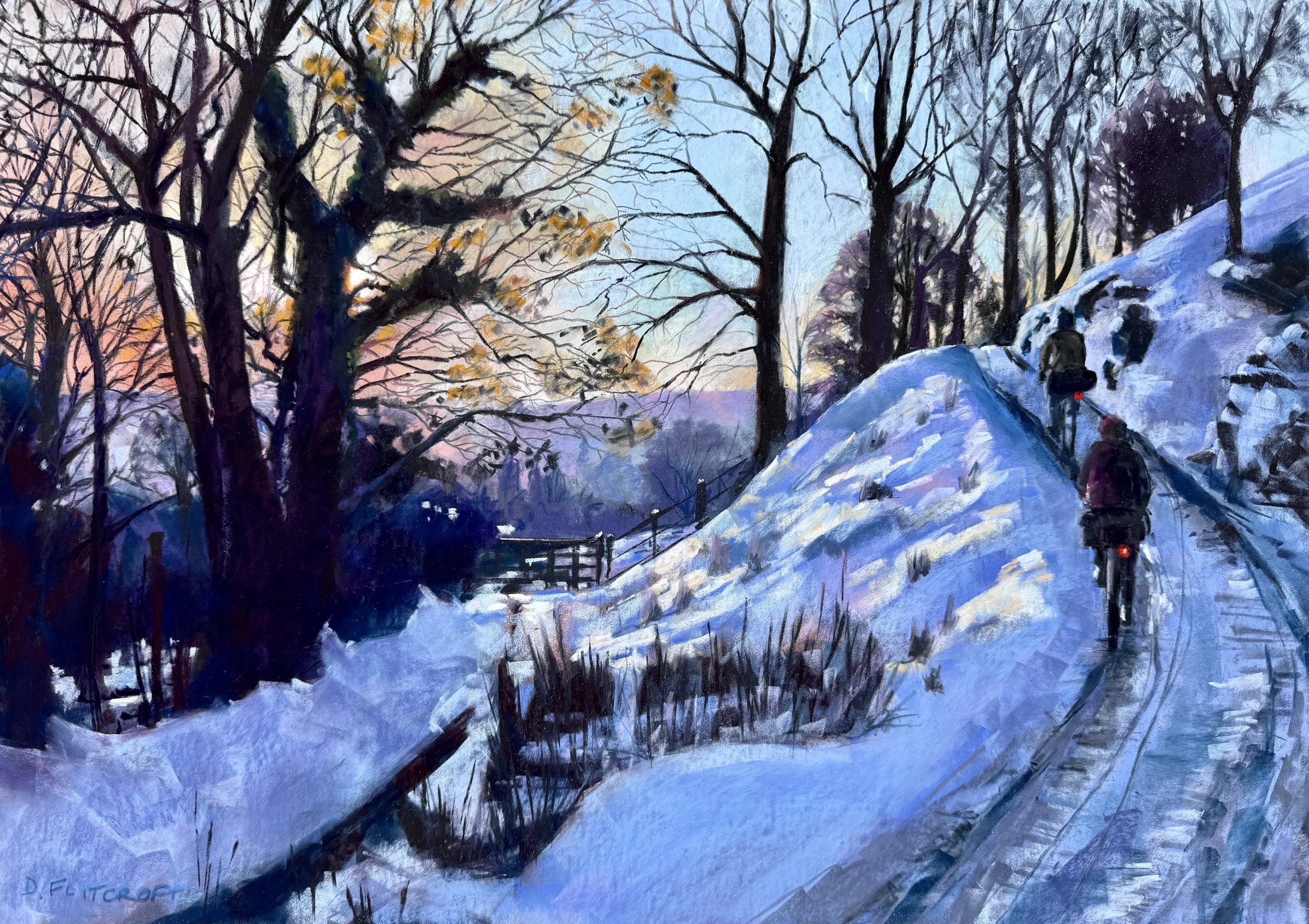 Cycling Long Mynd, Shropshire in winter. Pastel on pastelmat 47x67cm. ON HOLD. 