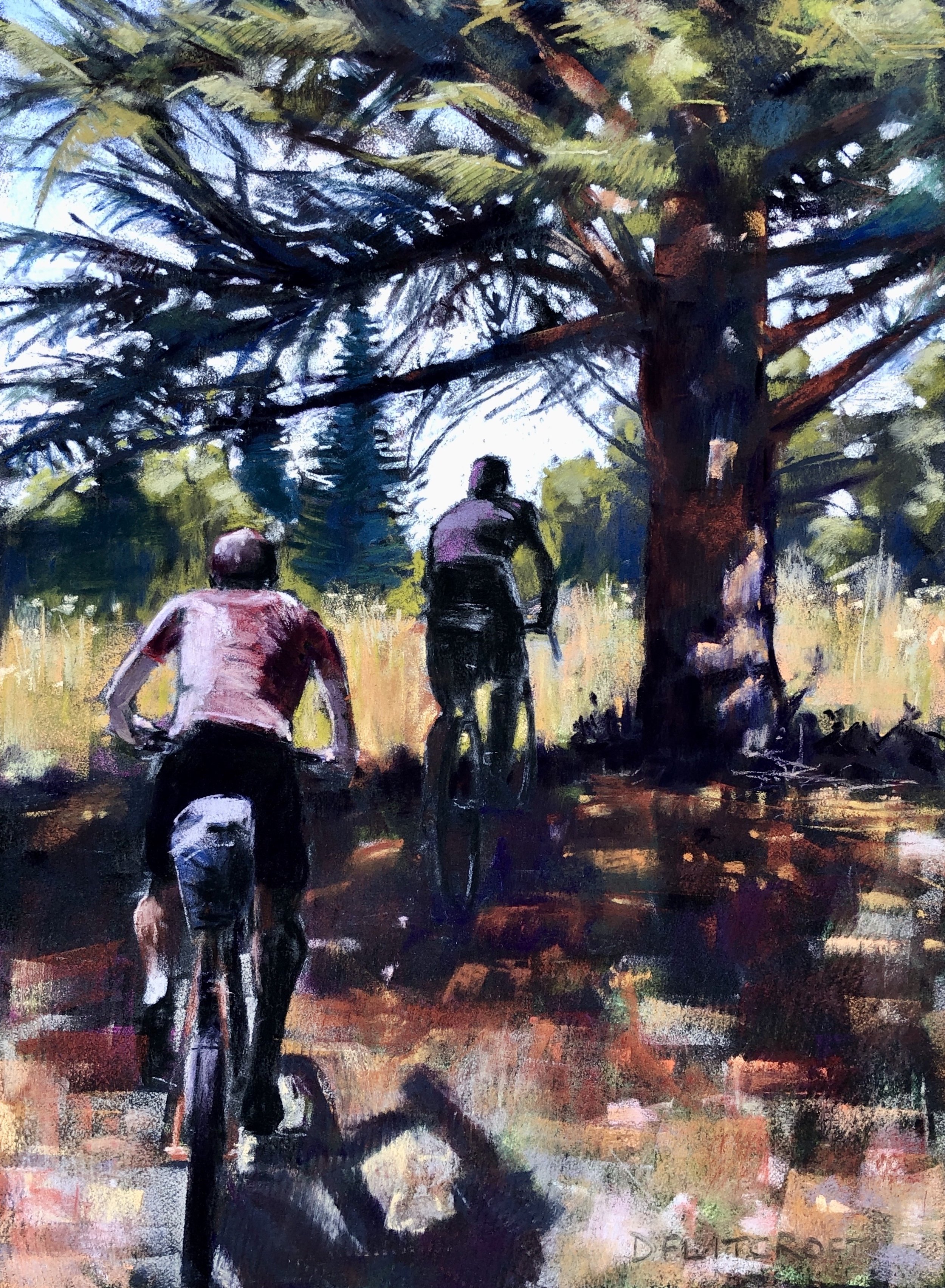 Forest Gravel Ride. Soft pastel on pastelmat. Original SOLD. Limited edition prints available £90. Click to buy now.