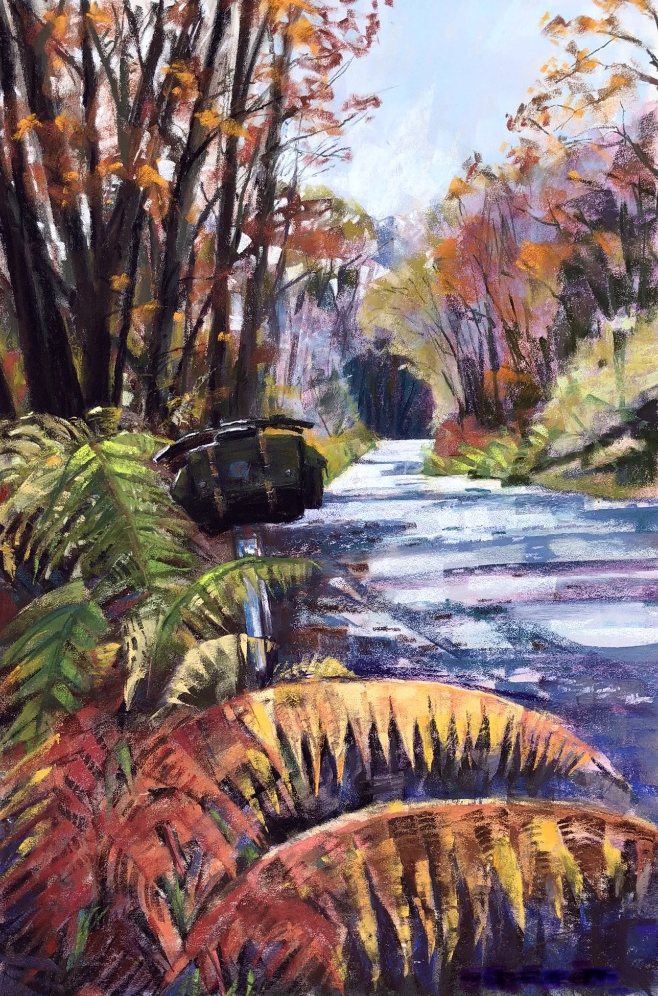 Autumn Light on Forest Track. Soft pastel on pastelmat. 60x40cm. Private collection. Prints available FOR SALE £160. Click to buy now.