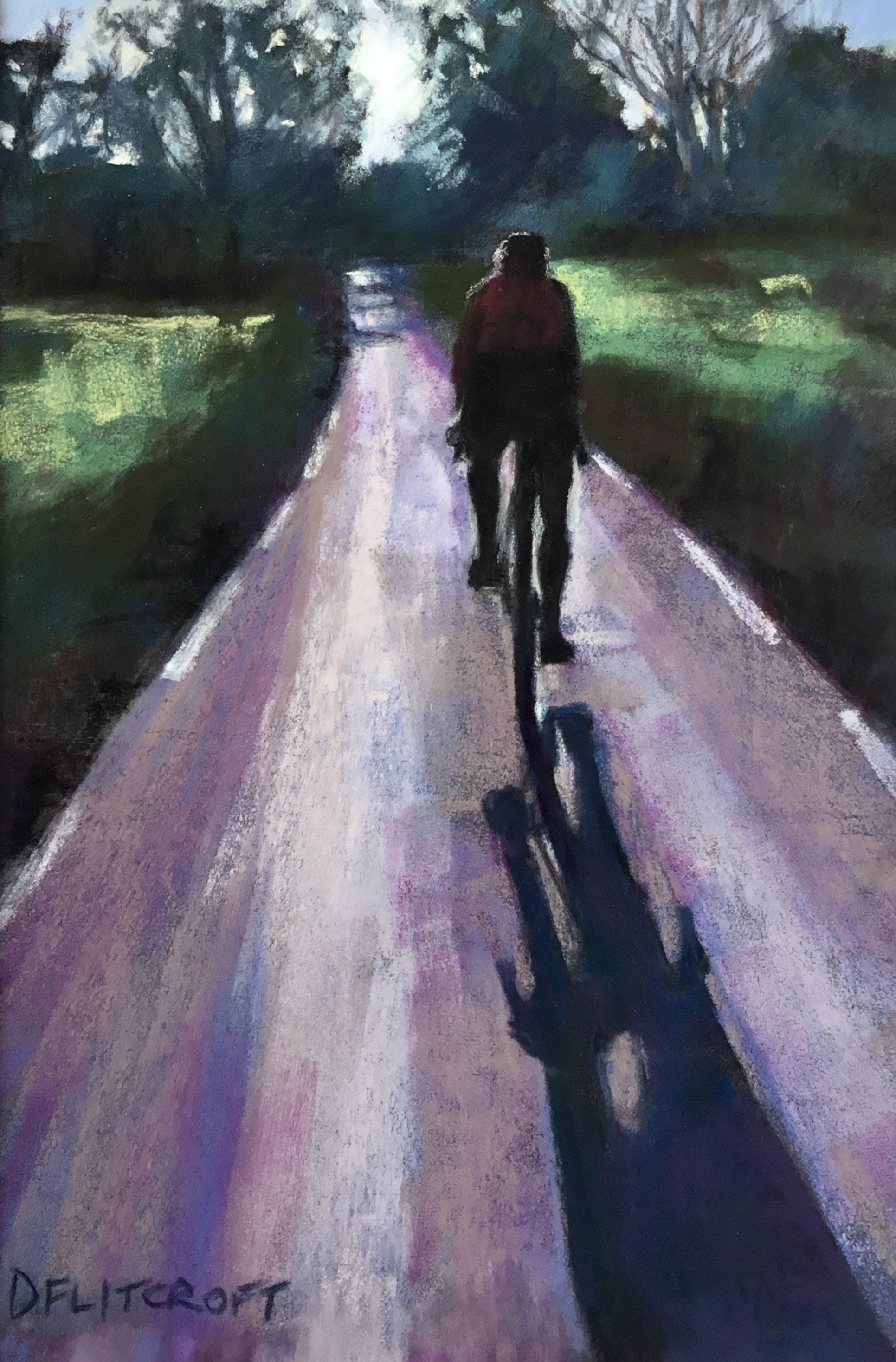 Cyclist with long shadow. Soft pastel on pastelmat. 30x20cm. £150. Click to buy.