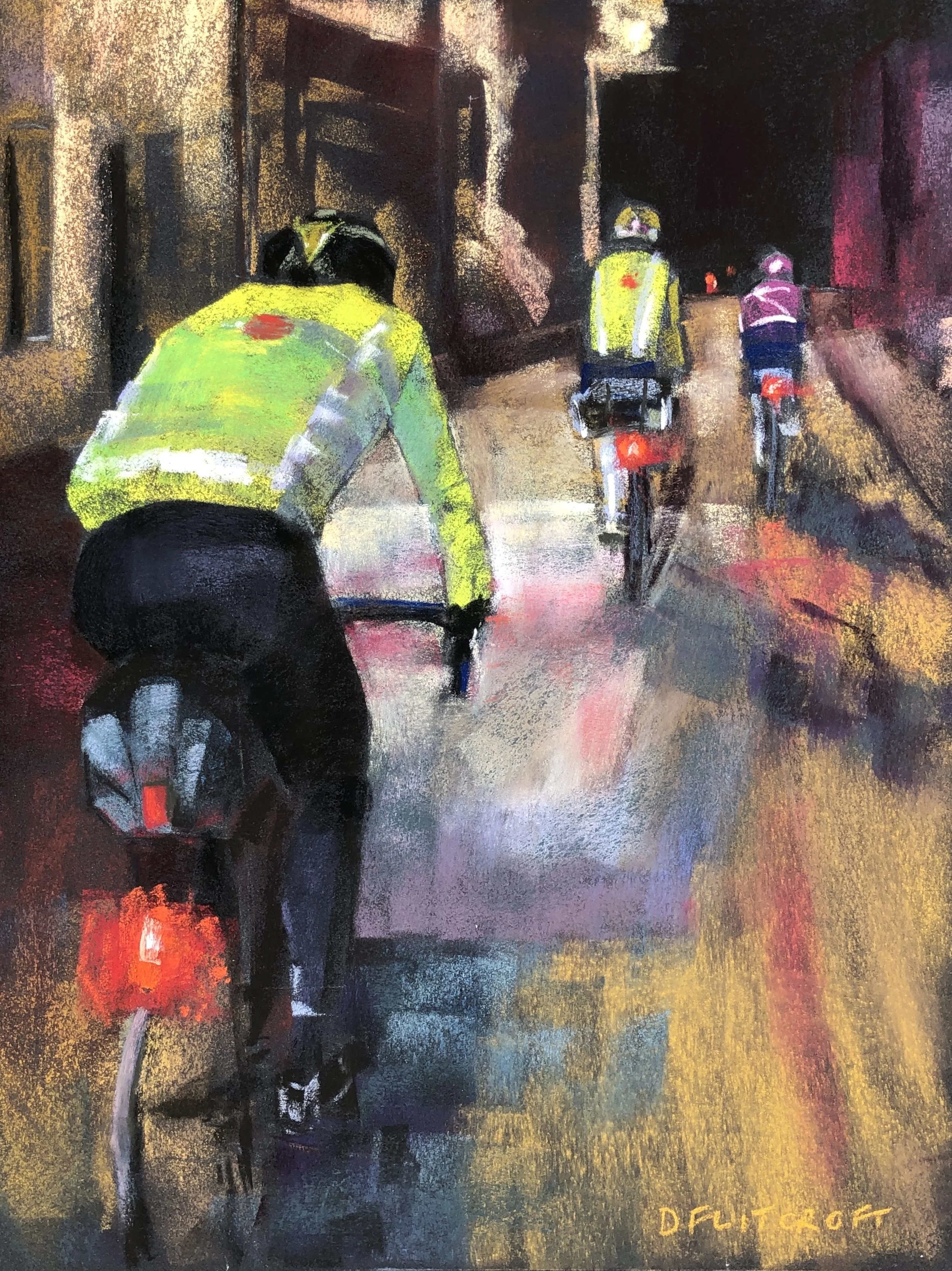 A Night on the PBP. Soft pastel on pastelmat. 43x33cm. Private collection. Prints available FOR SALE £90 + local taxes. Click to buy now.