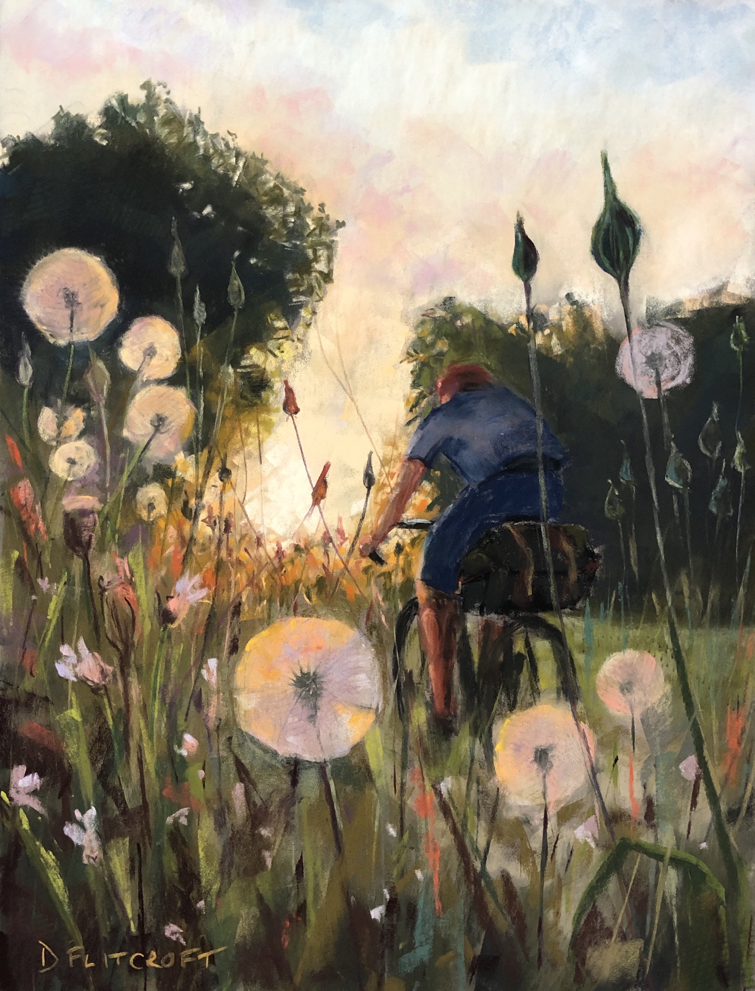 Cycling at the golden hour. Soft pastel on pastelmat. 40x30cm. Original and prints available. Original £350. Click to buy.