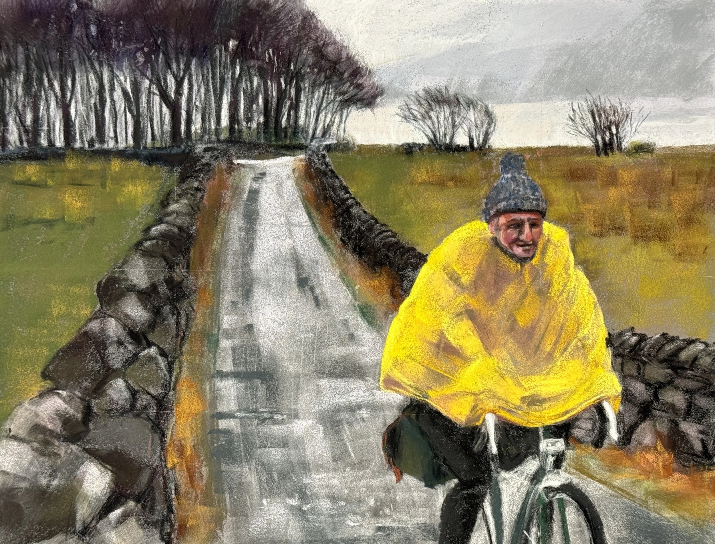 Cycling on the Pennine moorland / Faire du vélo dans les Landes des Pennines, Angleterre.  30x40cm. Pastel on Canson Velvet. Available £350 / £300 