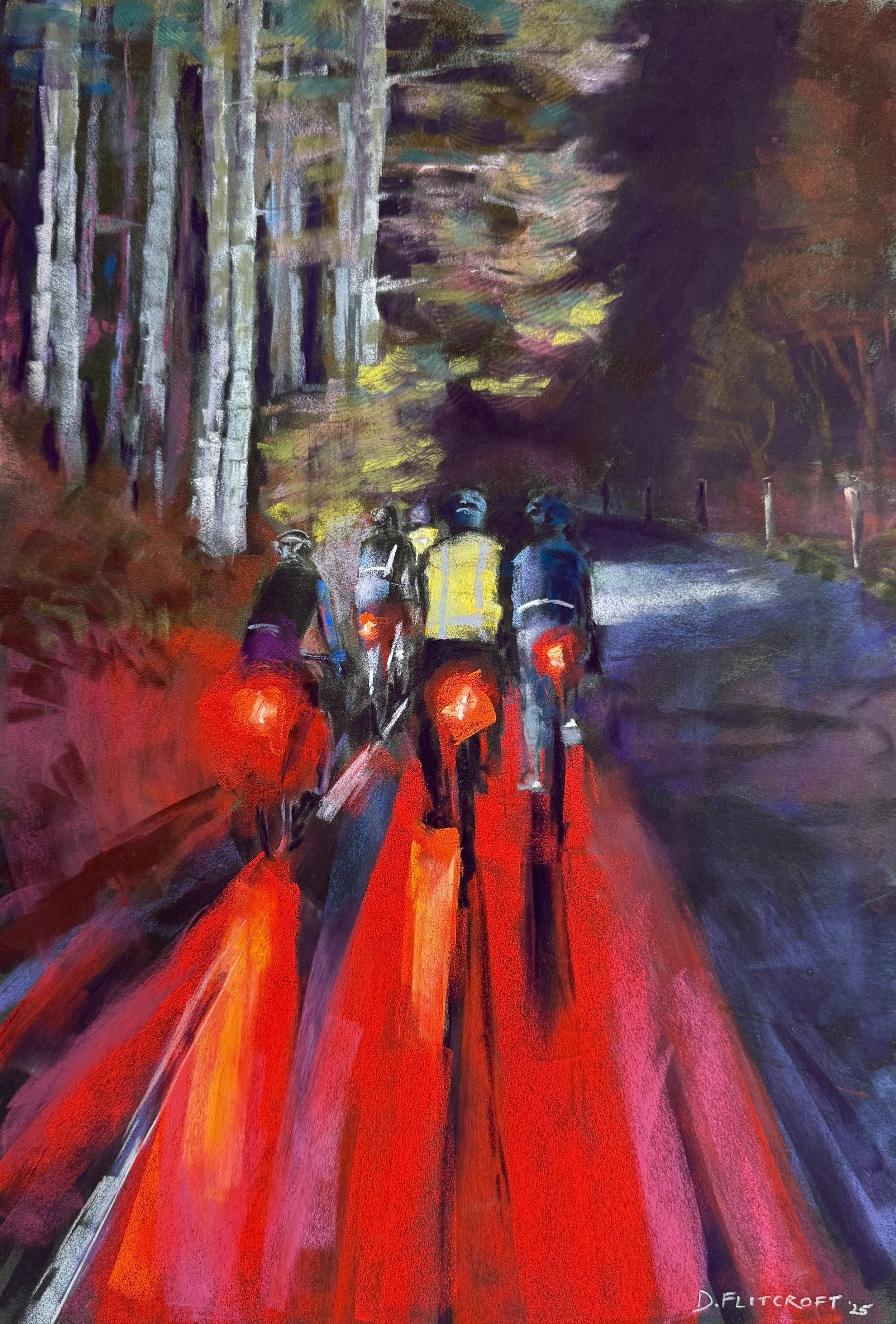 Randonneur cyclists at night. Soft pastel on Canson velvet. 61x42cm. Available £600. Contact me to buy.