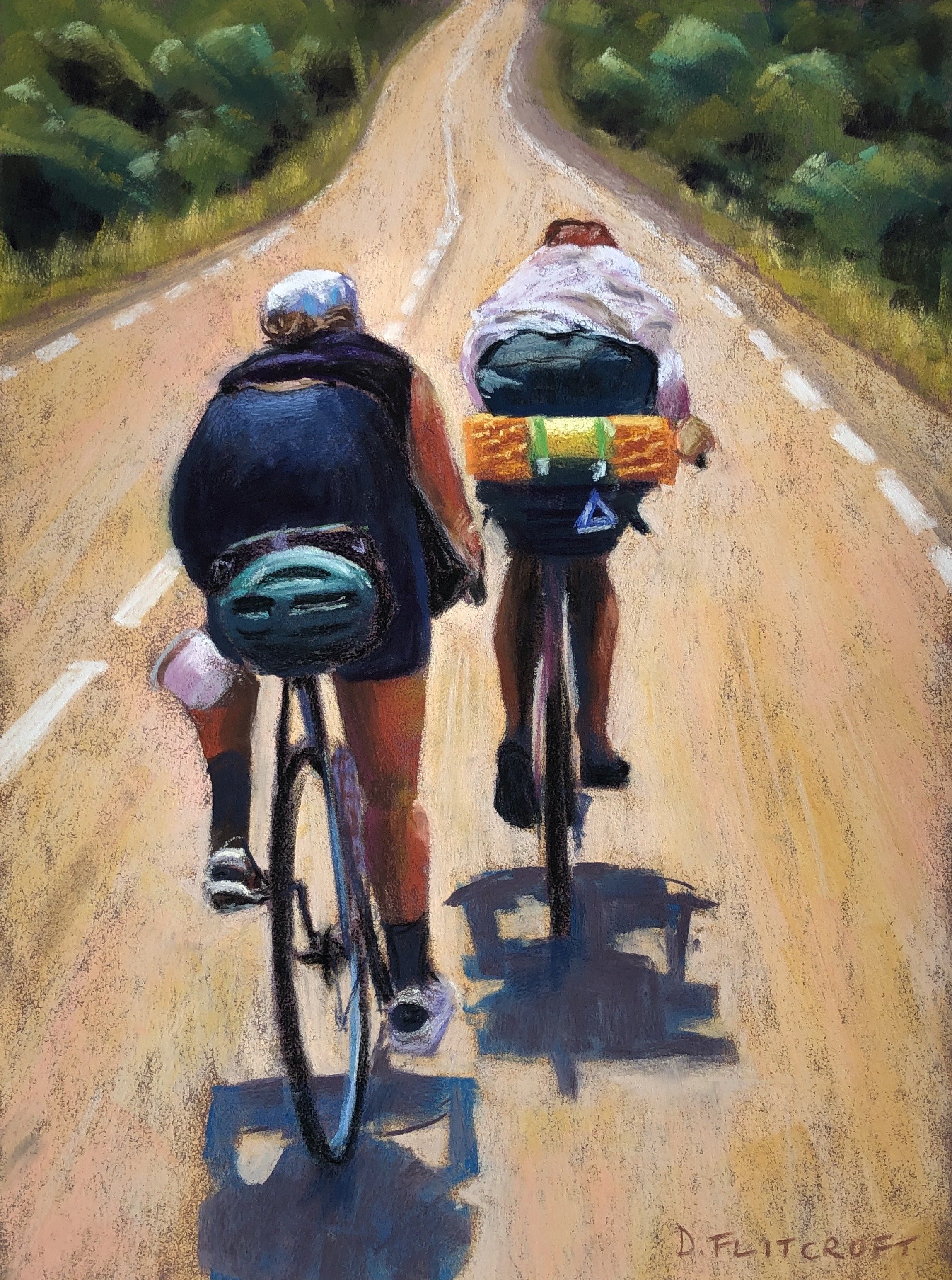 ‘ Allez, two cyclists at speed’ original pastel SOLD. Limited edition prints available £90. Click to buy