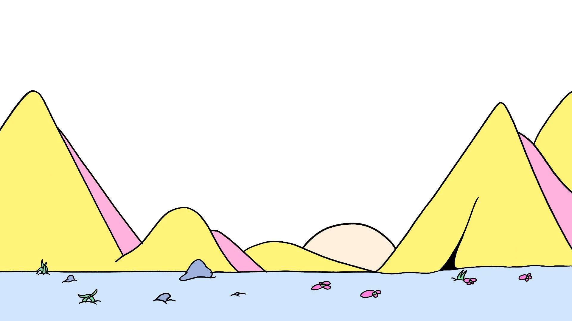 Montagnes colorées avec de petites fleurs au premier plan et une rivière à la base.